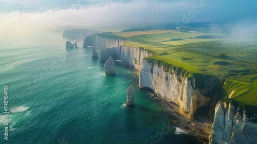 Dramatic Chalk Cliffs with Natural Arches and Verdant Fields from Above