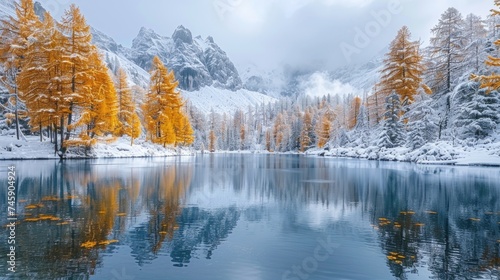 Reflective High-Altitude Blue Pond with Golden Needles in Early Winter, Surrounded by Snow-Capped Mountain Vistas and Fresh Snowfall