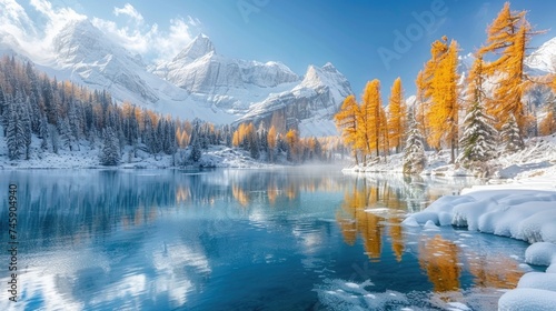 A High-Altitude Blue Pond Surrounded by Golden-Needled Larch Trees, Snow-Dusted Branches Reflecting Snow-Capped Mountains