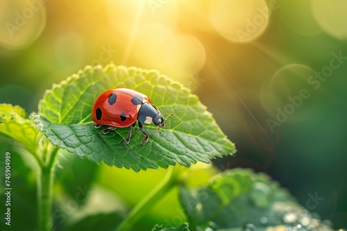 Ladybug Perched on Green Leaf