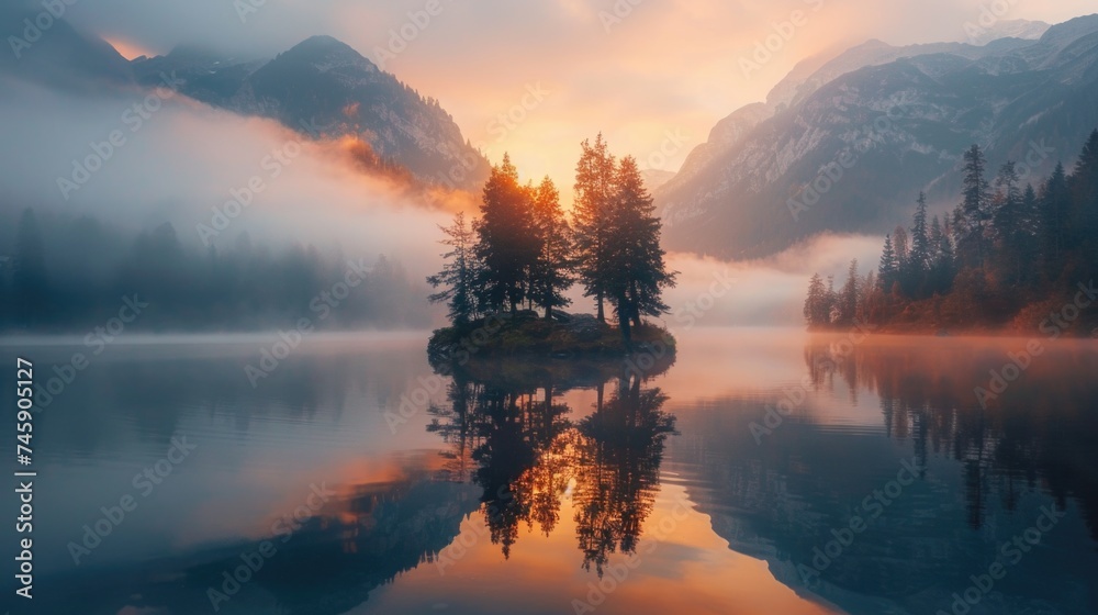 Dawn at a Serene Alpine Lake: Misty Waters with Central Islet and Conifers, Mountain Backdrop in Sunrise Hues, Perfect Reflections