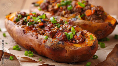 Baked sweet potatoes topped with savory meat and freshly chopped green onions