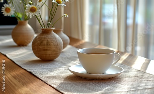 white table runner in natural day light , cup of coffee
