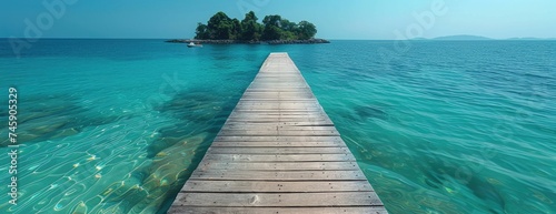 Secluded Islet Escape: Wooden Jetty Stretching into Tranquil Turquoise Sea, Under Gradient Sky from Blue to Soft Horizon Light
