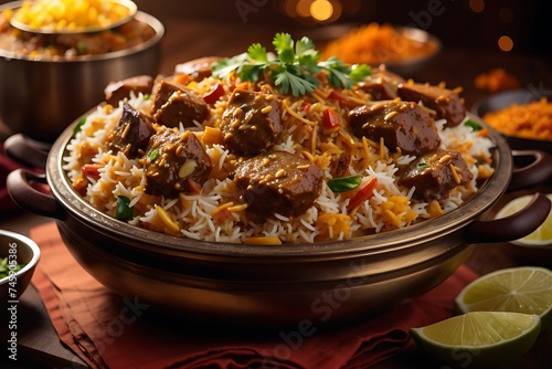 Pilaf with meat and vegetables on a plate. Indian cuisine.