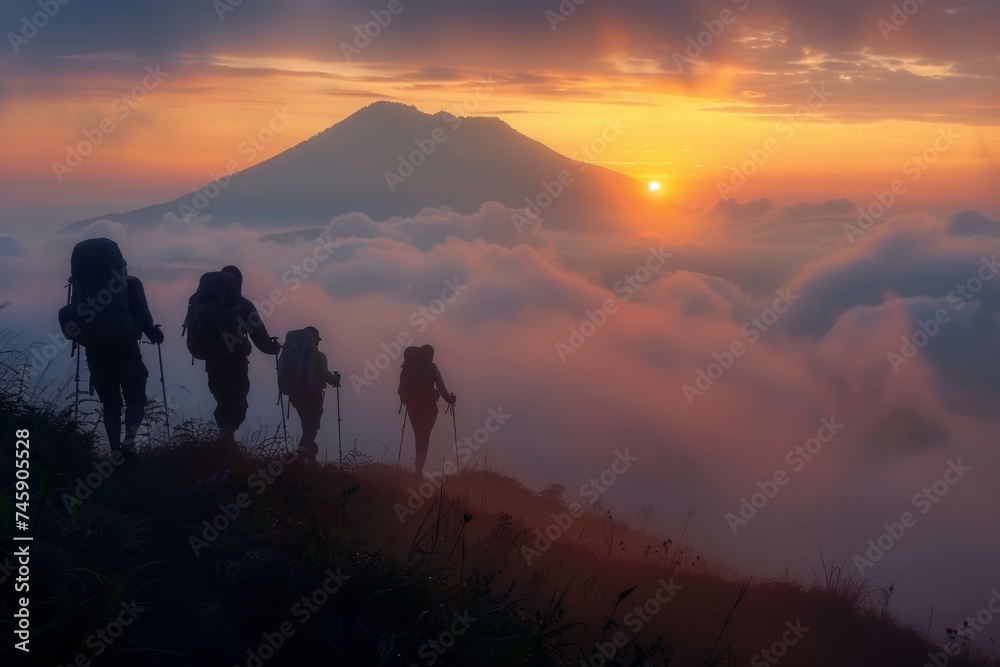 Group of People Hiking Up a Hill at Sunset