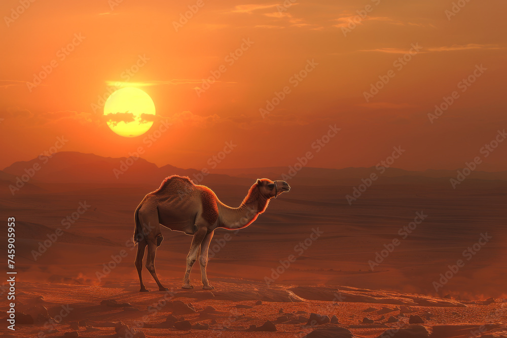 A camel stands on an open desert at sunset. A camel stands on an open desert at sunset.