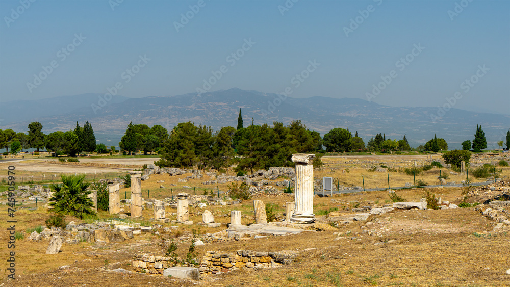 Part of archeological site of ancient city Hierapolis or Holy City near of Pamukkale or Cotton Castle. Phrygian cult center