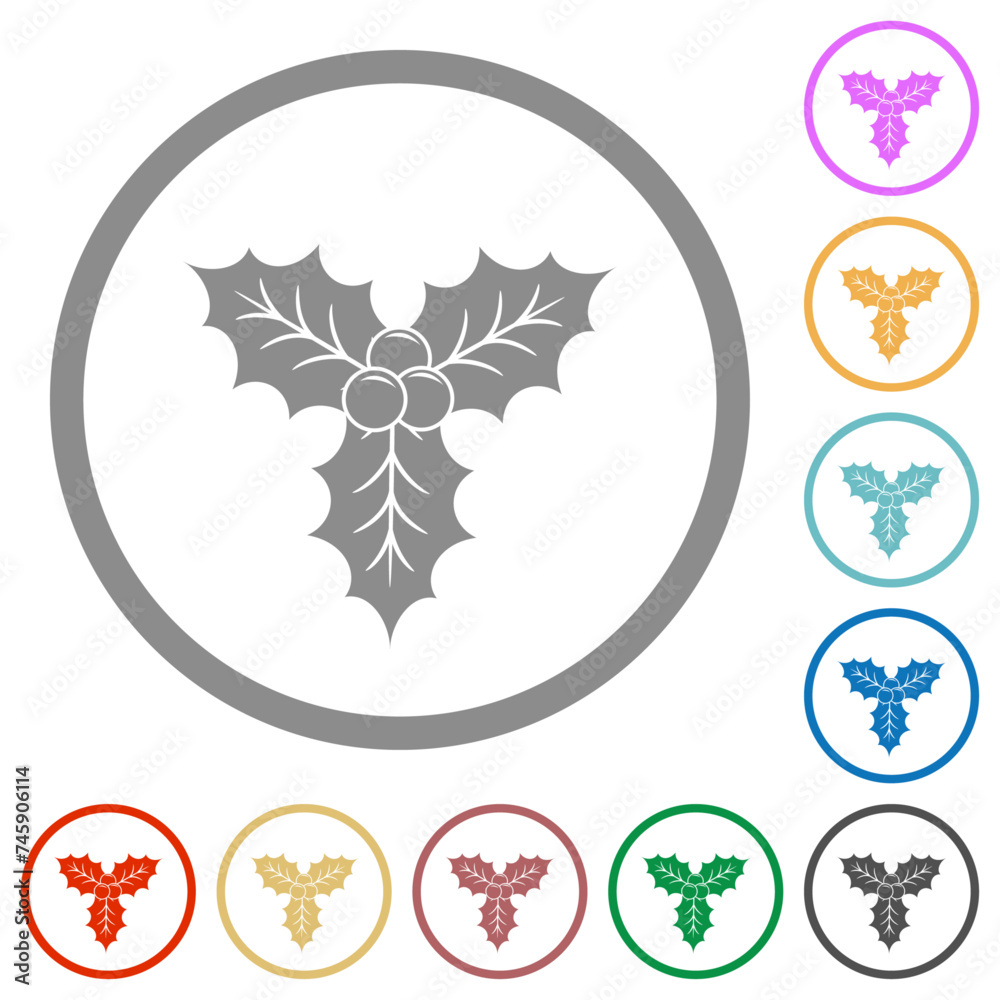 Fototapeta premium Christmas holly with berries flat icons with outlines