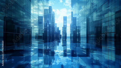 A large city background with blue reflections.
