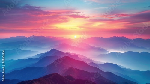 Dramatic Peaks at Sunset: Vibrant Skies and Cloud-Layered Mountain Range, Misty Valleys Adding Mystique