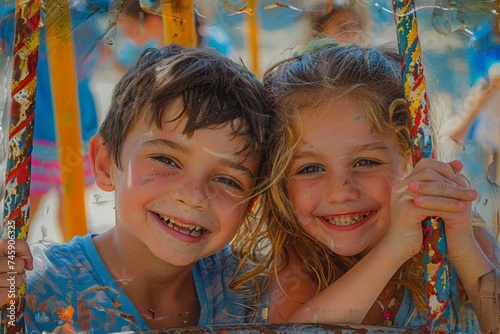 Two Young Children Sitting on a Swing Together