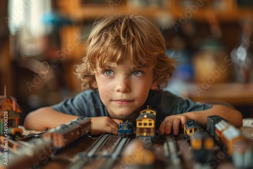 Young Boy Engrossed in Toy Train Set