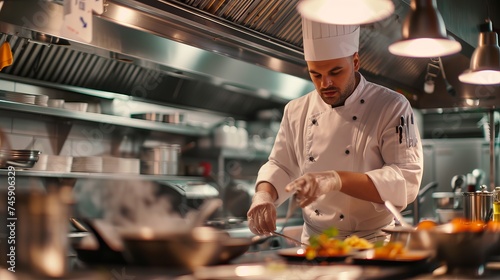 Professional Chef Garnishing Dish with Precision in a Commercial Kitchen Environment