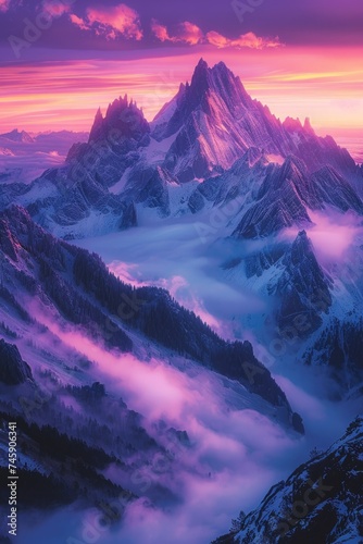 Sunset Over Rugged Mountains: Vibrant Sky Colors with Cloud-Mingled Peaks and Mist-Shrouded Valleys