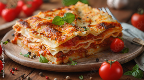 Savory slice of lasagna garnished with basil on a plate, with ingredients in the background with space for text