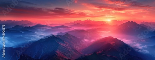 Sunset Over Rugged Mountains: Vibrant Sky Colors with Cloud-Mingled Peaks and Mist-Shrouded Valleys