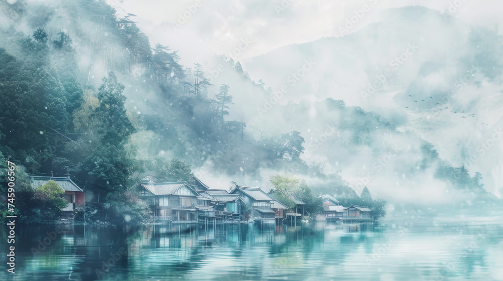 Fototapeta premium A watercolor painting of a small village covered in mist.