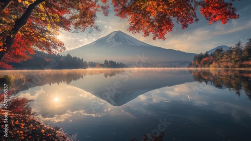 Peaceful Autumn Morning: Lakefront Vista of Mount Fuji, Surrounded by Red and Orange Foliage, Soft Sunlight Through Branches