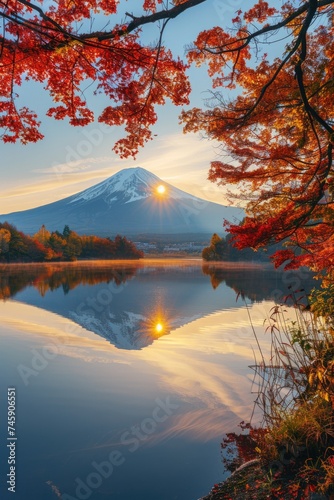 Peaceful Autumn Morning: Lakefront Vista of Mount Fuji, Surrounded by Red and Orange Foliage, Soft Sunlight Through Branches