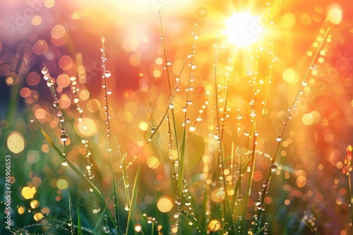 Dew-Covered Grass With Sun in Background