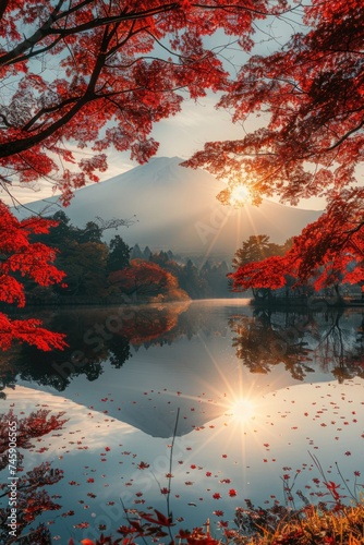 Autumn Serenity by the Lake: Reflective View of Mount Fuji with Trees in Fiery Hues and Sunlit Warm Glow