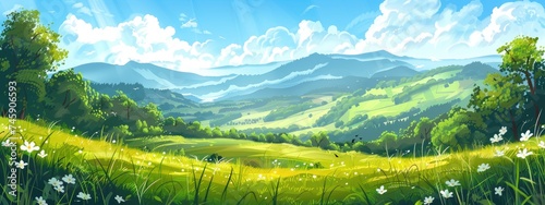Springtime landscape in mountains. Panorama of beautiful countryside. grassy field and rolling hills. rural scenery © Ilmi