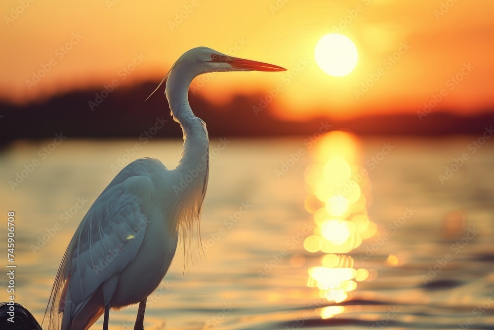 Large White Bird Standing on Top of Body of Water - obrazy, fototapety, plakaty 