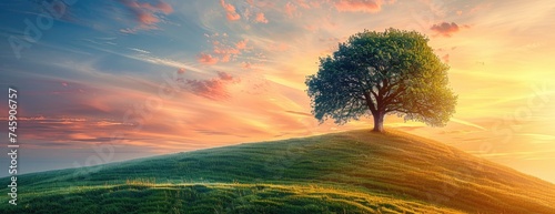 Vibrant Green Tree Amidst Rolling Meadows: Sunrise Hues and Ethereal Light Embodying Solitude and Growth