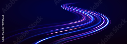 Abstract background in blue, yellow and orange neon colors. Vector speed of light in space on dark background. Acceleration speed motion on night road. Bright sparkling background.