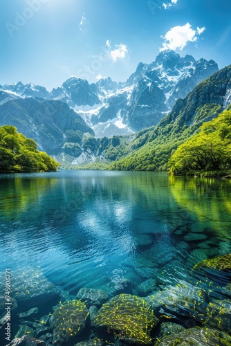 Serene Landscape  Crystal-Clear Lake Amidst Lush Greenery with Majestic Mountain Backdrop on a Sunny Day