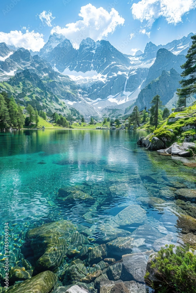 Nature's Harmony: Panoramic View of a Clear Blue Lake, Verdant Forests, and Snow-Capped Mountains Under a Bright Sky