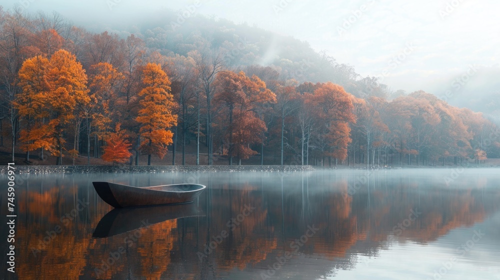 Crisp Autumn Lakeside: Reflective Waters with Bronze Sculpture, Colorful Trees, and Mist-Enshrouded Mountains