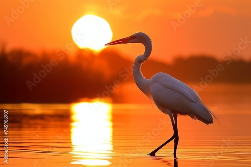 White Bird Standing in Water at Sunset