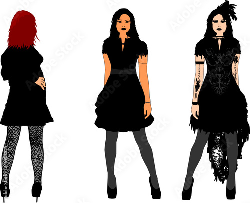 Vektor Set 3 Frauen mit sexy Kleidung - Schwarz Gothic Style mit High Heels und Strumpfhosen