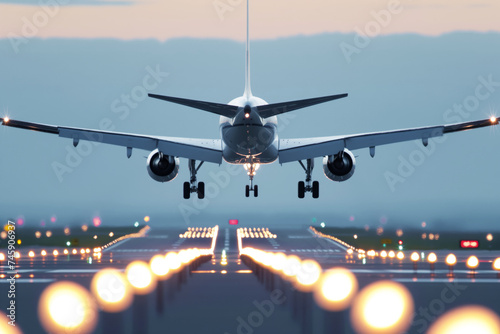 jet airplane landing, motion blur on landing lights
