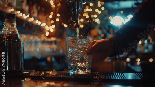 The anticipation of a perfect pour as a bartender fills a glass with vodka, the evening ambiance of the pub lending a sense of relaxation and camaraderie.