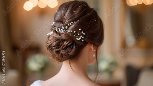 An elegant updo hairstyle for a bride.