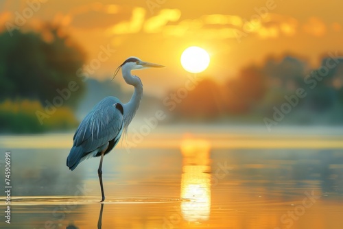 Heron Standing in Water at Sunset