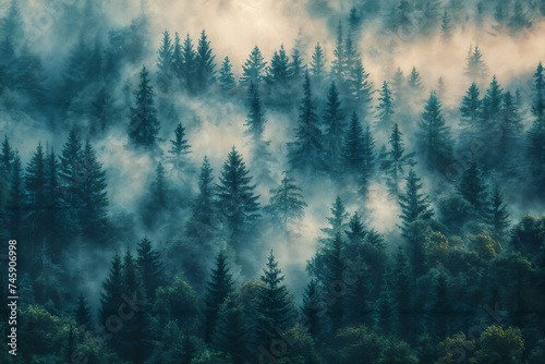 Misty Forest at Dawn. with Firs Generative AI