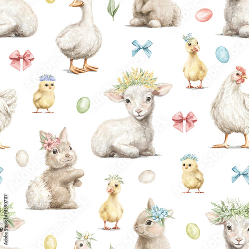 Seamless pattern with vintage rabbits, goose, lamb, chicken, gosling animals and Easter eggs isolated on white background. Watercolor hand drawn illustration sketch photo