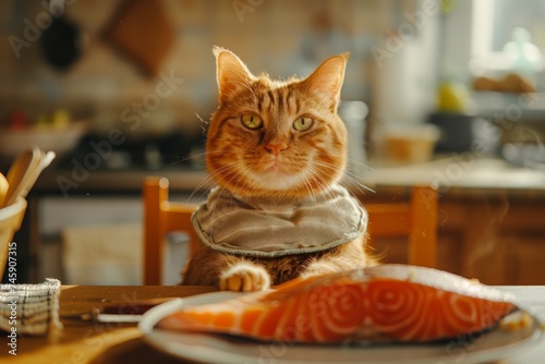 Cat Sitting at Table With Plate of Fish © Yana