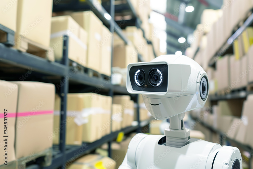 robot with camera inspecting packaged goods