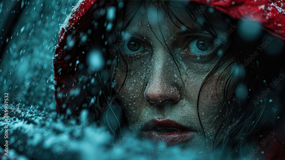 Portrait of a woman in a red raincoat and a hood.