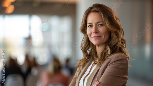 Porträt einer lächelnden selbstbewussten 50 jährigen Geschäftsfrau mit blonden langen Haaren, im Hintergrund verschwommen Büro oder Konferenzraum mit Platz für Text