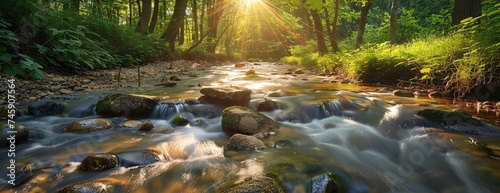 Lively Stream in Sun-Drenched Forest  Fresh Green Leaves Casting Rays and Dancing Lights on Rushing Waters
