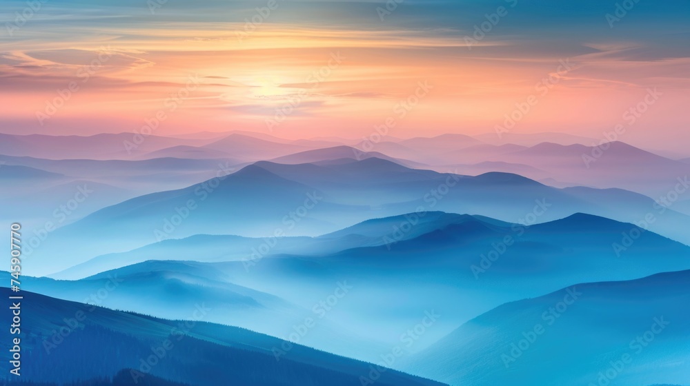 Misty Mountain Panorama at Sunset: Warm Glow Softens the Transition from Blue to Orange Ridges