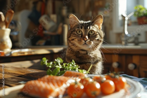 Cat Sitting on Table Next to Plate of Food © Yana