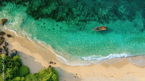 Secluded Boat on Clear Turquoise Waters: Aerial Perspective of Ocean and Shoreline