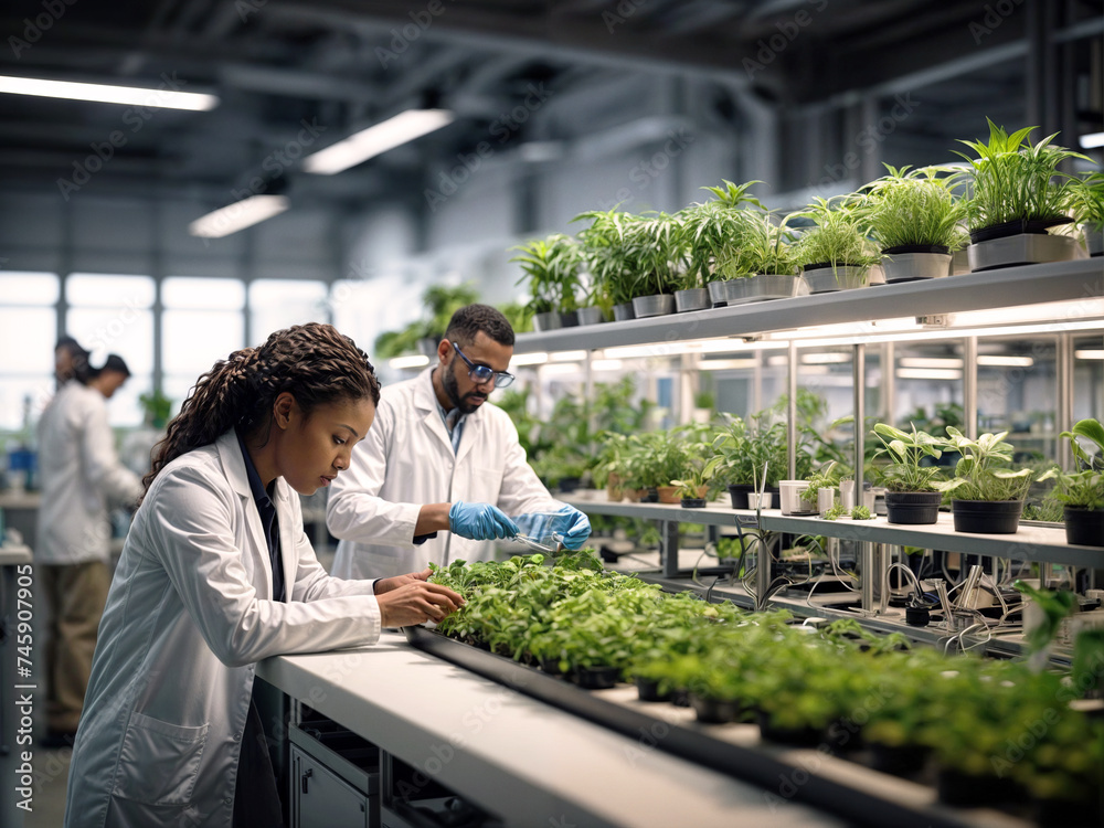 Scientists studying plants in laboratory. Afroamerican woman analyzing new technologies to sustainable cultivation Scientists studying plants in laboratory. Afroamerican woman analyzing new technologies to sustainable cultivation